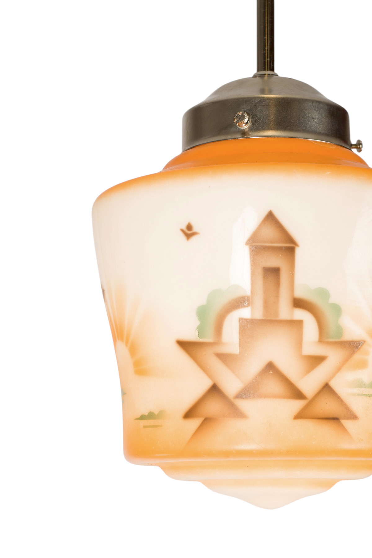 Modighus.se rund lampkupa från 1970-talet i glas med orangea toner och dekorativt geometriskt motiv
