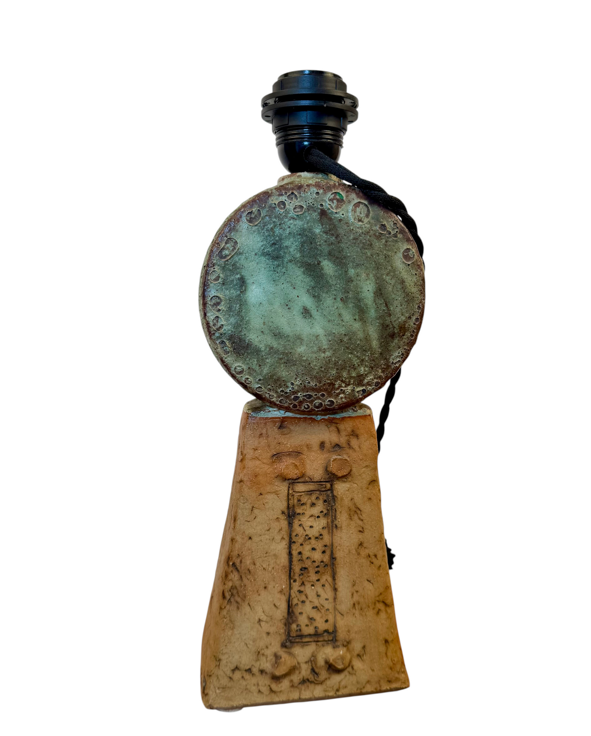 Modighus.se Bernard Rooke brutalistisk lampfot i keramik med turkos och beige glasyr från 1960-talet