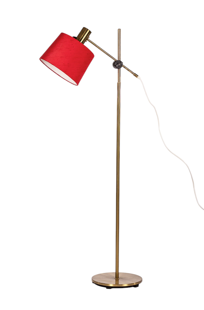 Höj- och sänkbar lampa med stomme i mässing och originalskärm i röd textil, Falkenbergs Belysning