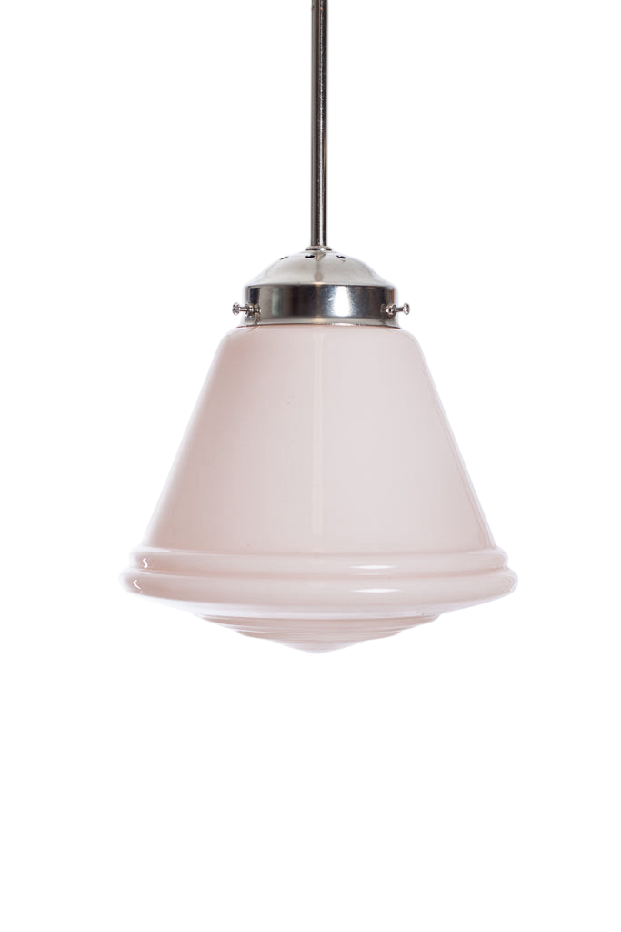 Ljusrosa glaskupa med fina dekorativa detaljer. Vintage pendelkupa som kan monteras med pendel i nickel, krom, mässing eller textilkabel.
