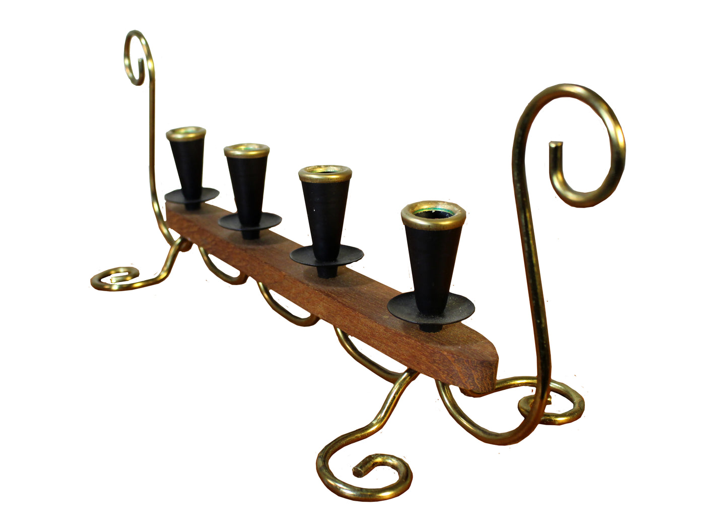 Adventsljusstake i metall och teak för smala ljus från Ystad Metall, designad av Gunnar Ander.
