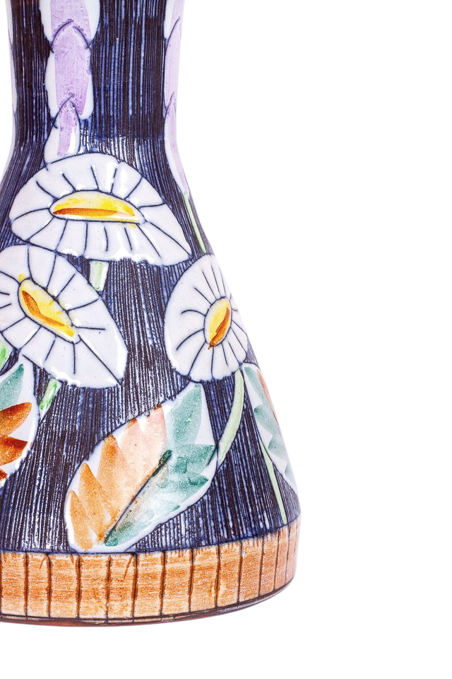 Modighus.se vintage bordslampa i keramik med handmålat blommönster i blått, vitt och orange på mörk botten.