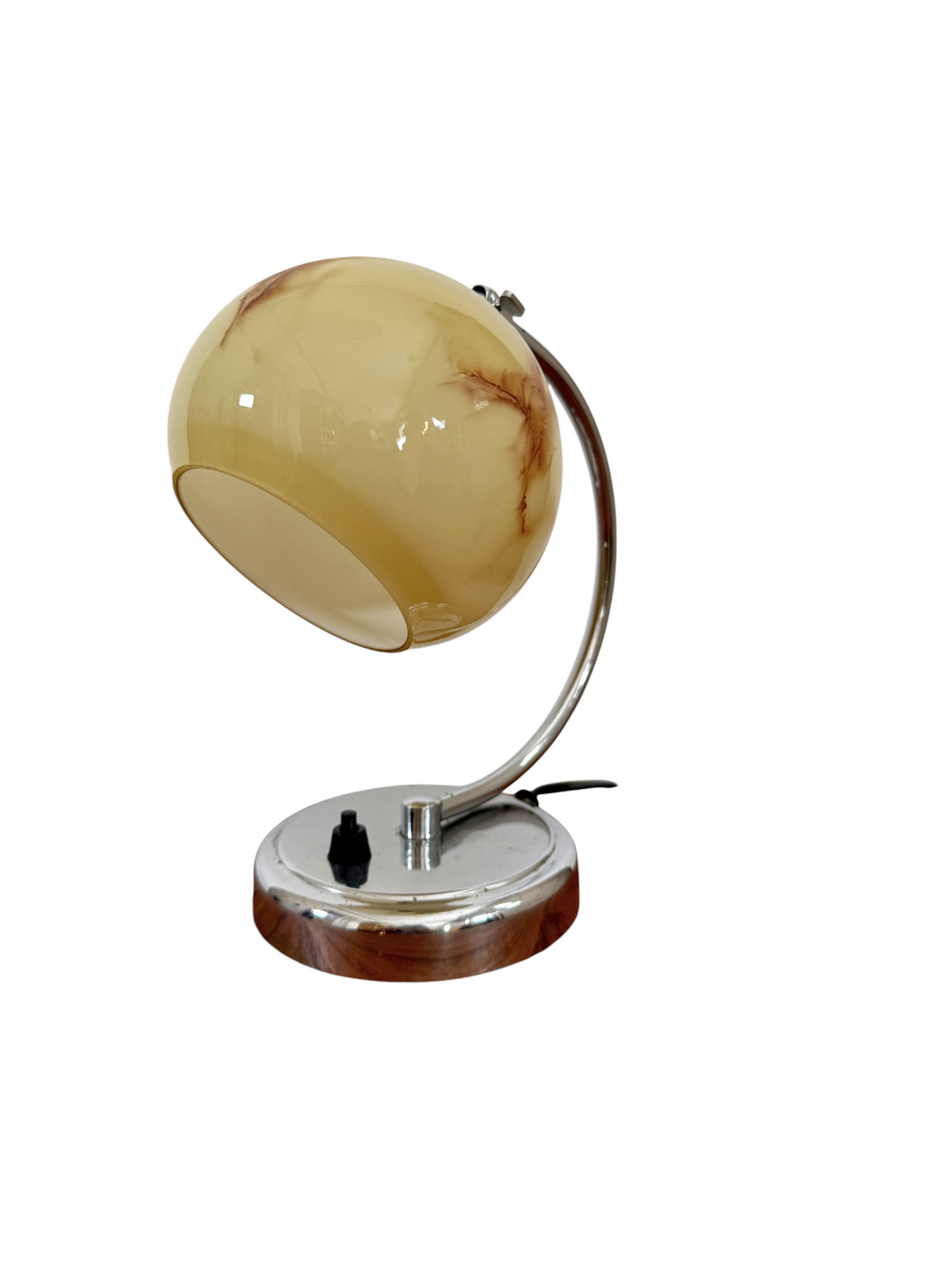 Modighus.se vintage bordslampa i krom med rund marmorerad glaskupa i gult och brunt