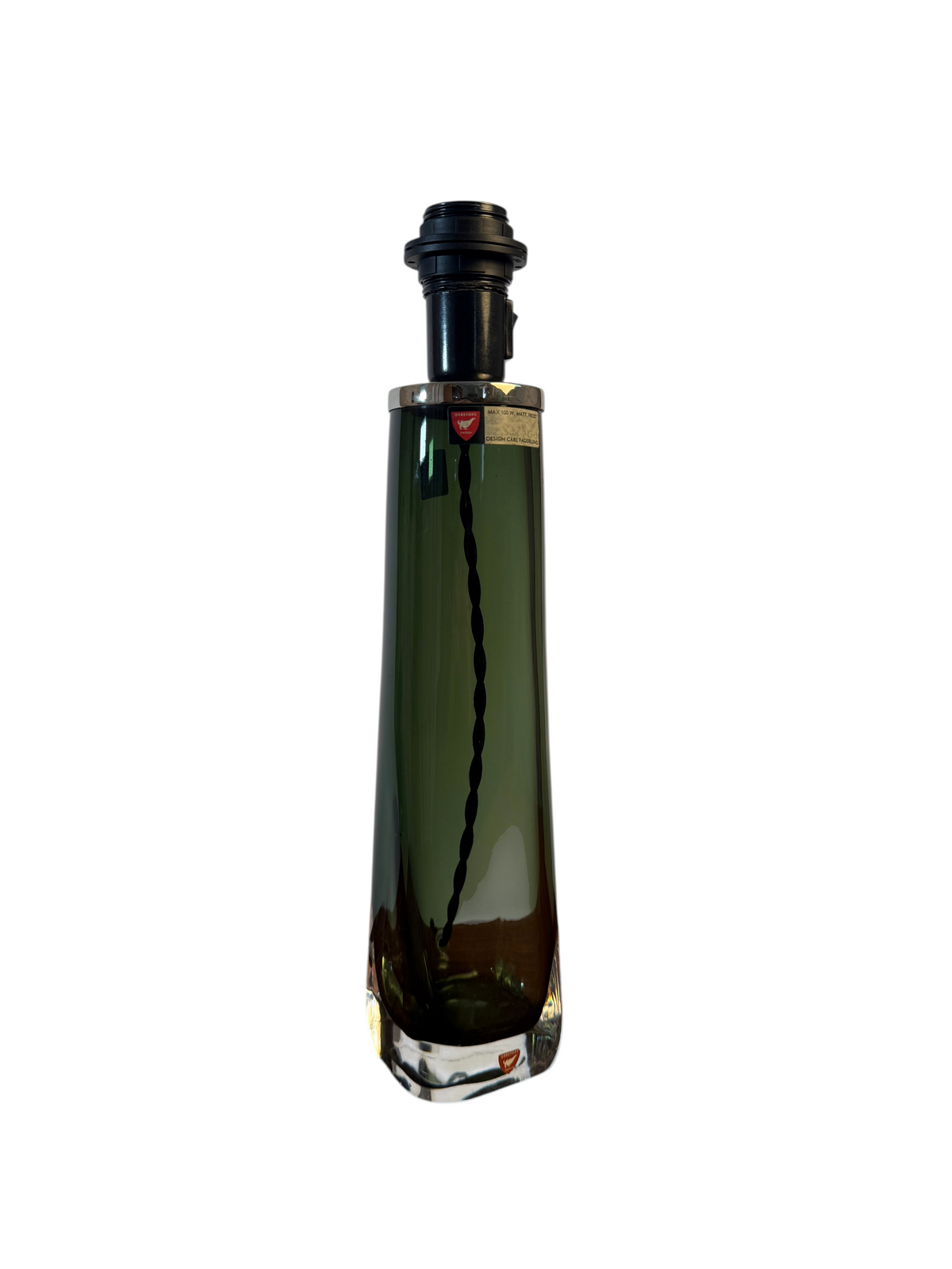 Modighus.se Orrefors bordslampa i grönt glas designad av Carl Fagerlund med svart textilkabel i vintageskick