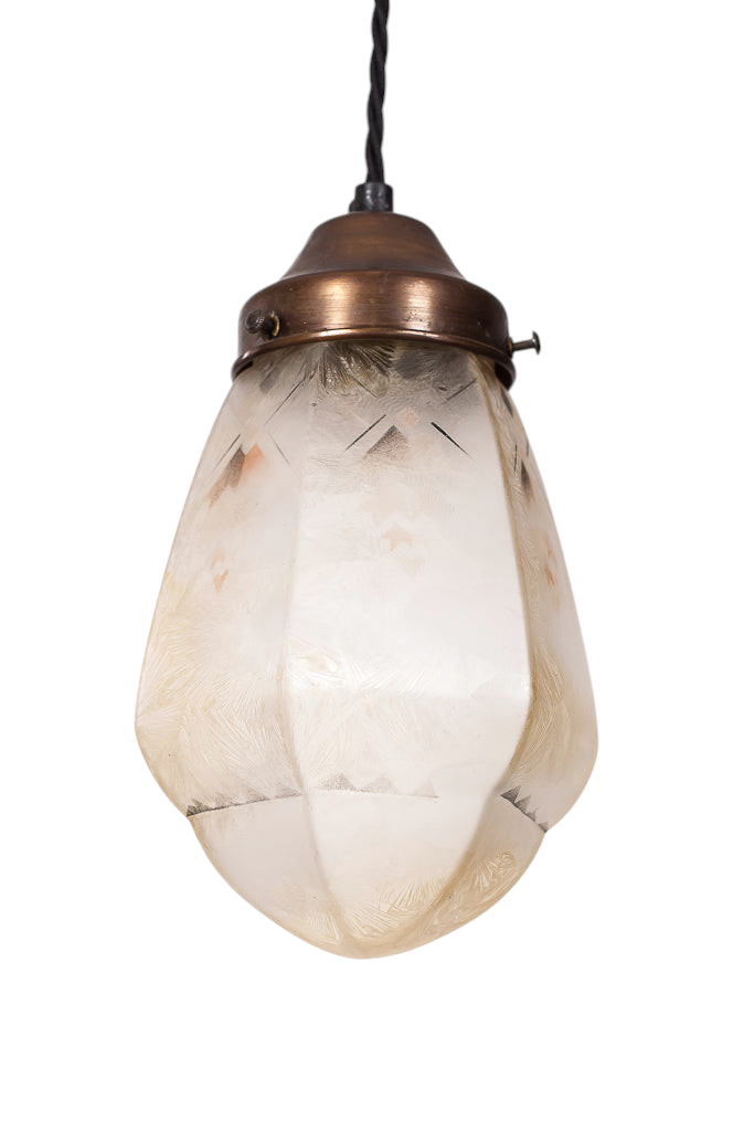 Modighus.se vintage jugend fönsterlampa i glas med kopparfäste och svart tvinnad textilkabel