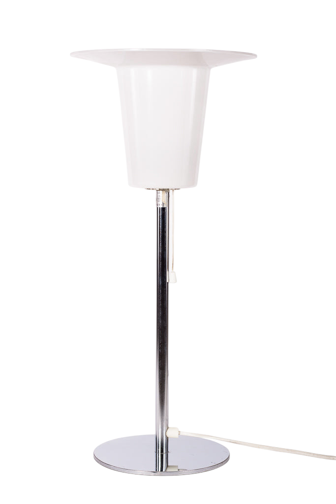 Modighus.se Luxus bordslampa i vintage 60-talsdesign med vit glasskärm och fot i kromad metall.