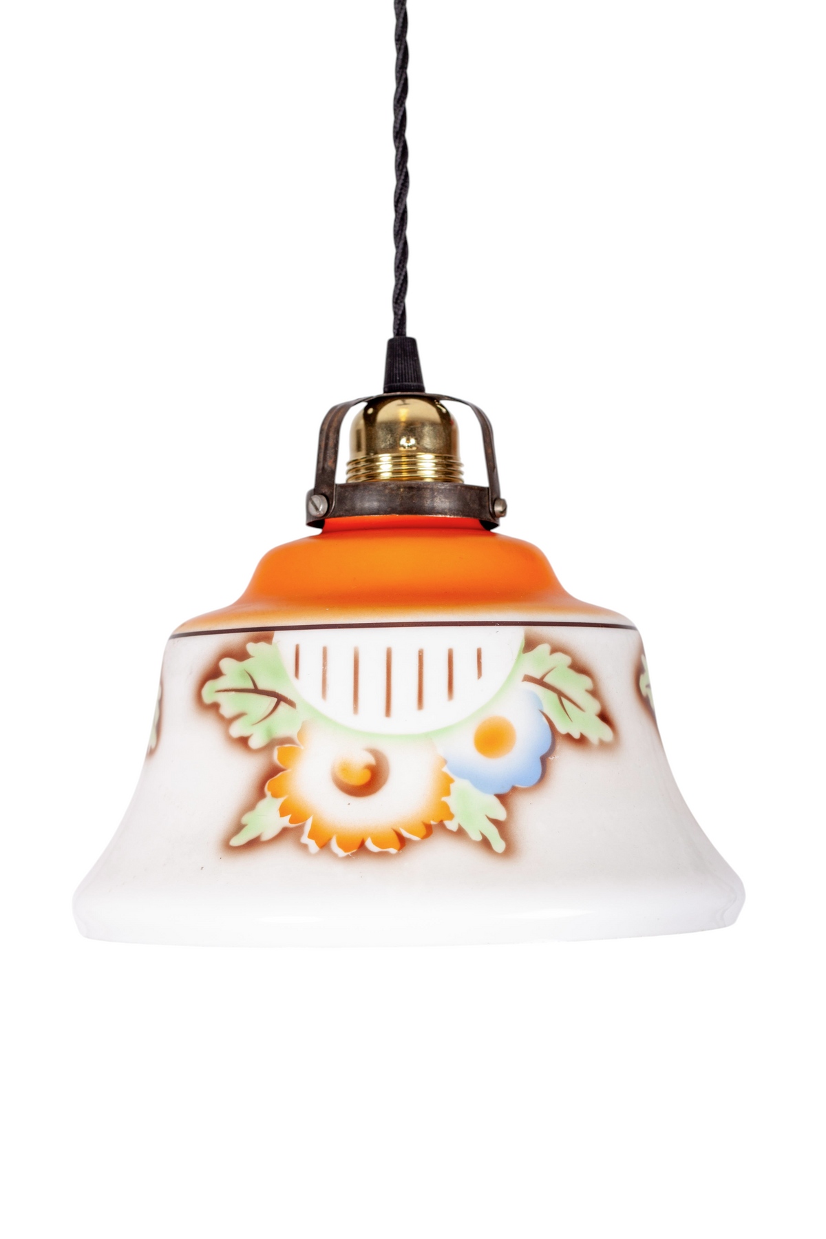 Modighus.se vintage kökslampa i målat glas från 1920-talet med blommigt motiv, mässingsfäste och svart textilkabel.
