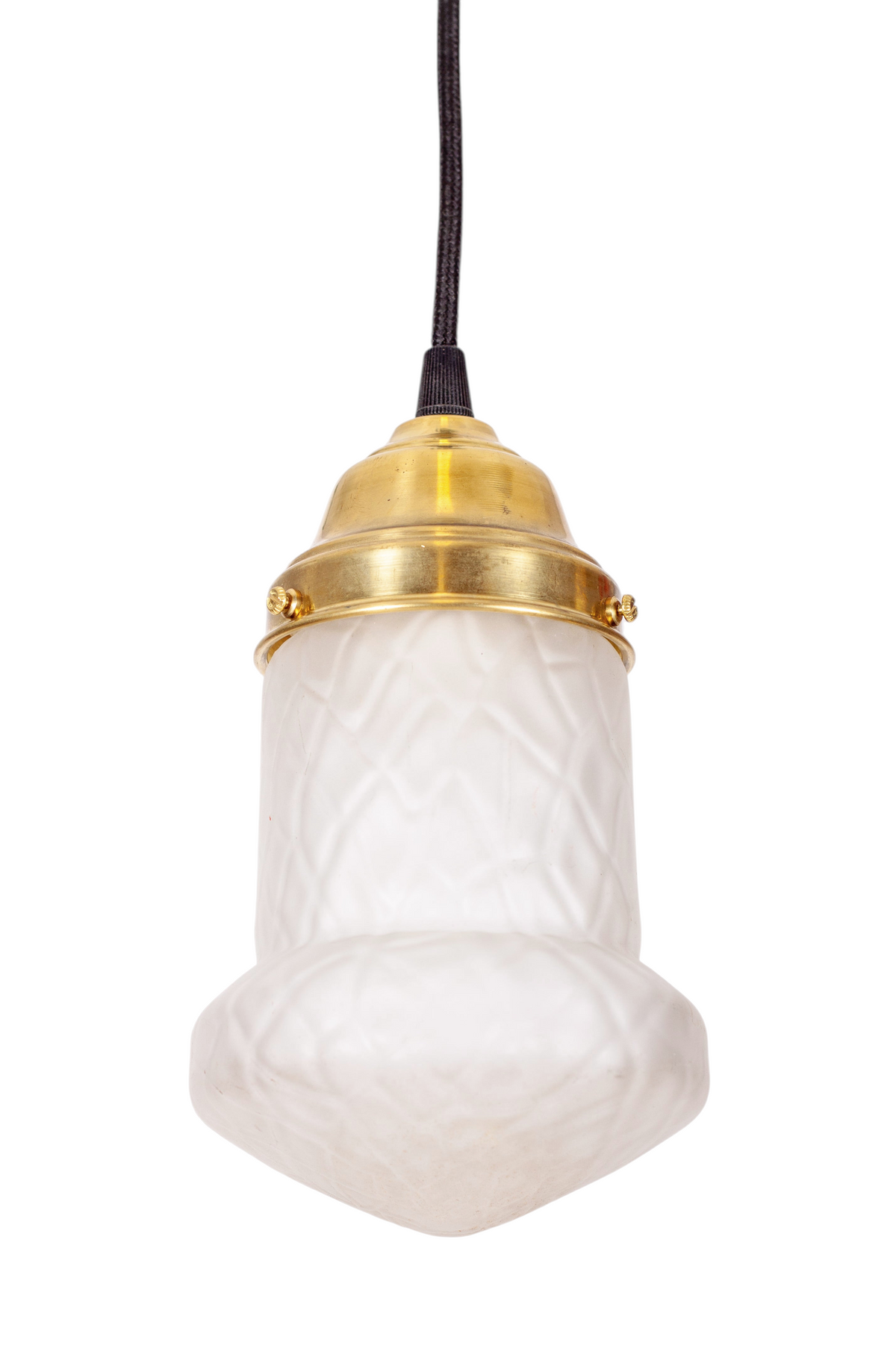 Modighus.se Jugend fönsterlampa i frostat mönstrat glas med mässingsfäste och svart textilkabel i vintageskick
