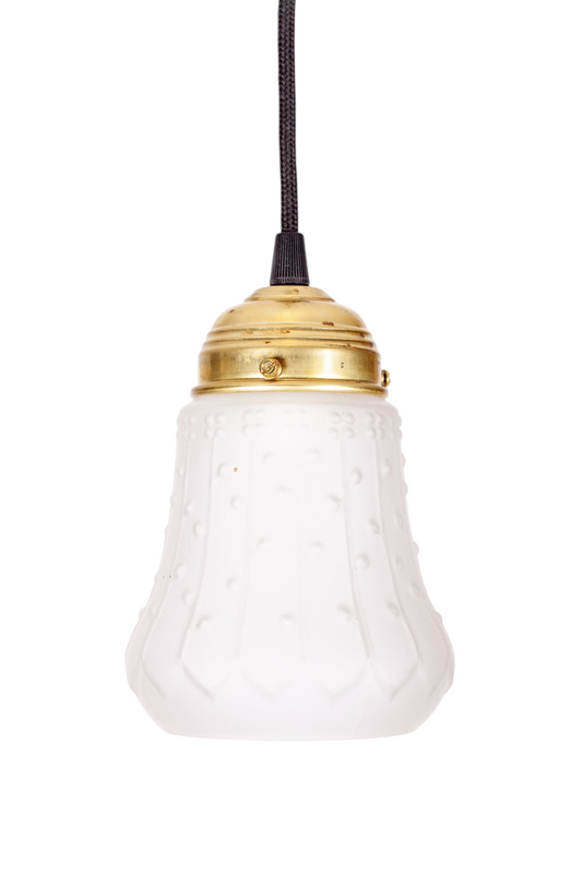 Modighus.se Jugend fönsterlampa i frostat glas med mässingsfäste och svart textilkabel i 1920-talsstil