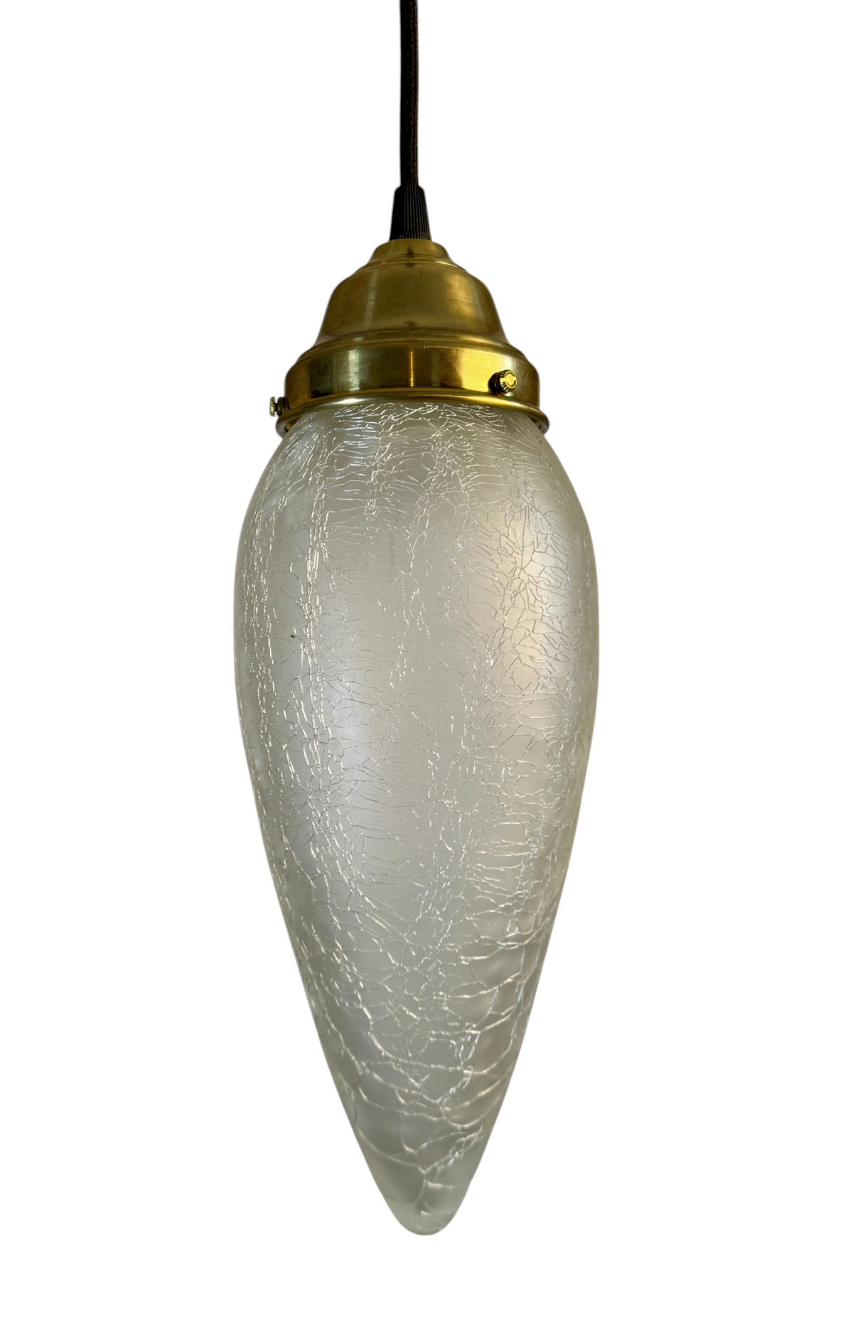 Modighus.se jugen fönsterlampa med droppformad kupa i frostat krackelerat glas och mässingsdetaljer.