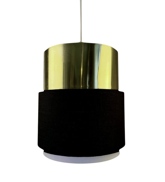 Modighus.se vintage taklampa Cylindus från Luxus i mässing och svart textil från 60-talet