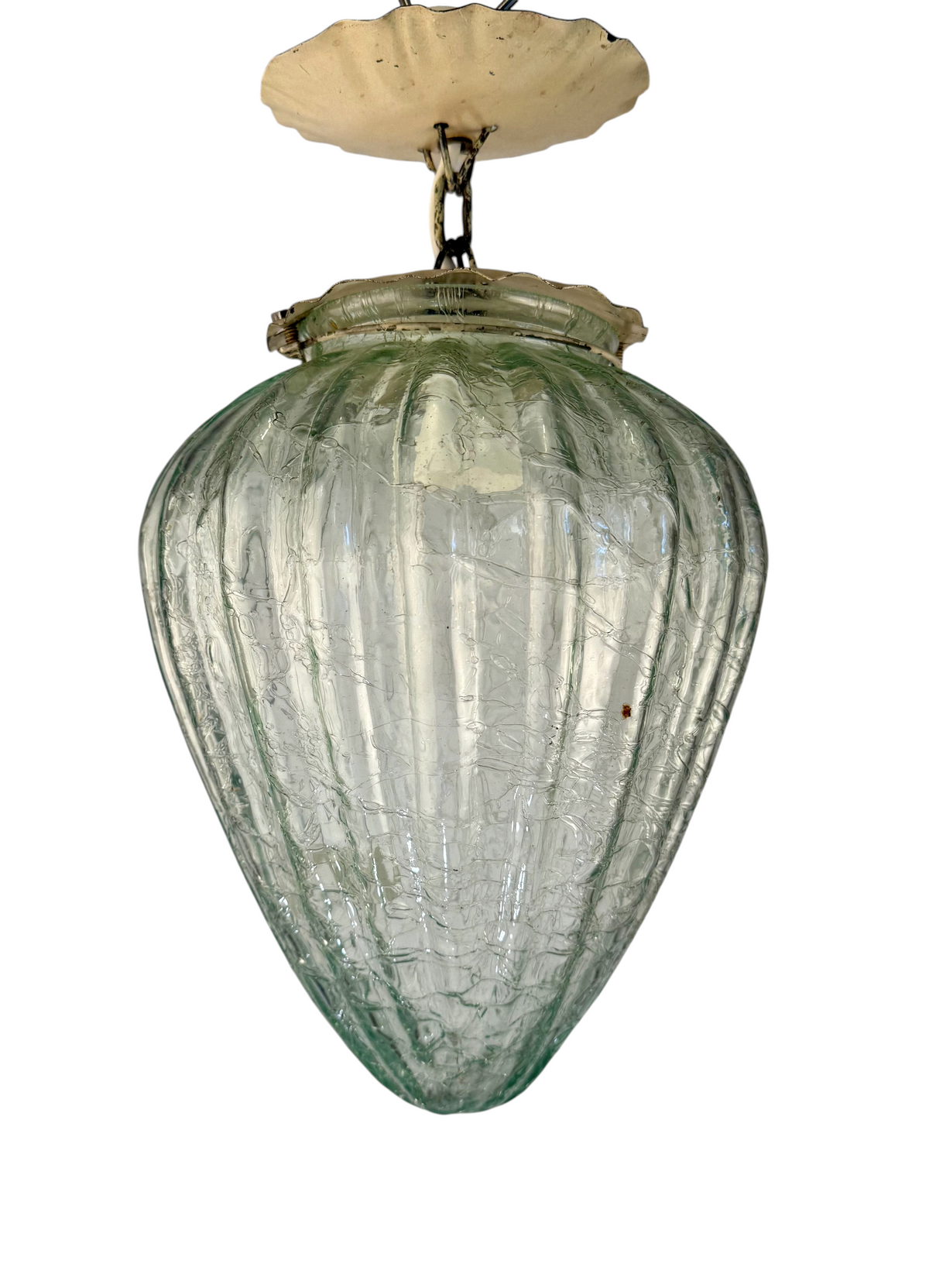 Modighus.se vintage taklampa i krackelerat blått glas med vitt smidesfäste från 1940-talet