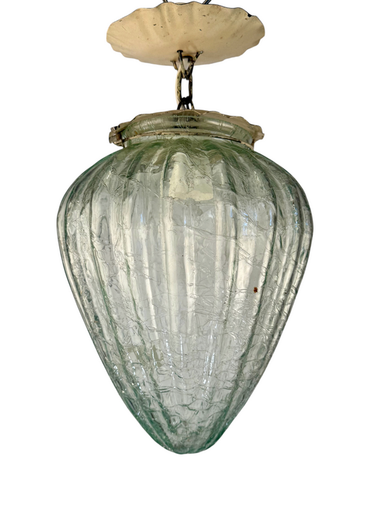 Modighus.se vintage taklampa i krackelerat blått glas med vitt smidesfäste från 1940-talet