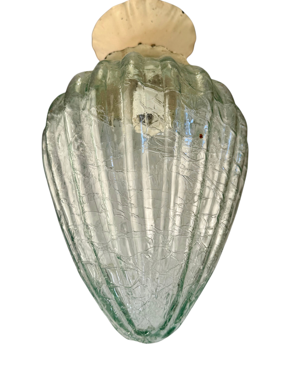 Modighus.se vintage taklampa i krackelerat glas med räfflad form och vitt smidesfäste från 1940-talet