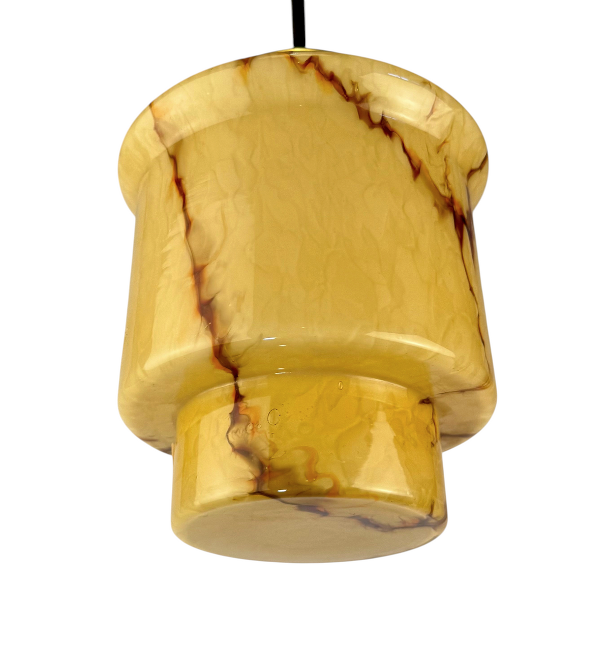 Modighus.se vintage taklampa med gul marmorerad glaskupa och mässingsdetaljer från 1940-talet.