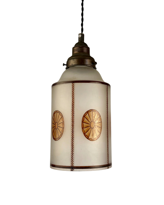 Modighus.se jugendlampa i tubformat frostat glas med brun dekor och fäste i oxiderad mässing från 1920-talet.