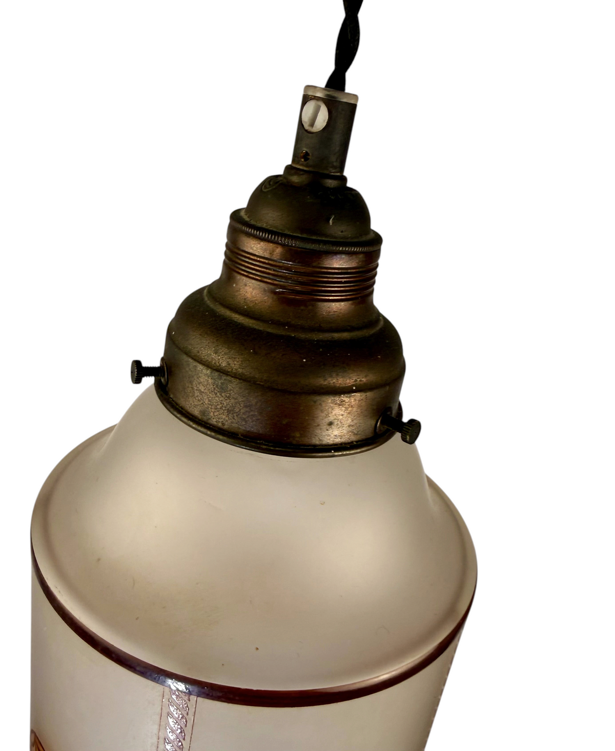 Modighus.se Jugend-lampa i tubformat frostat glas med brun dekor och fäste i oxiderad mässing från 1920-talet