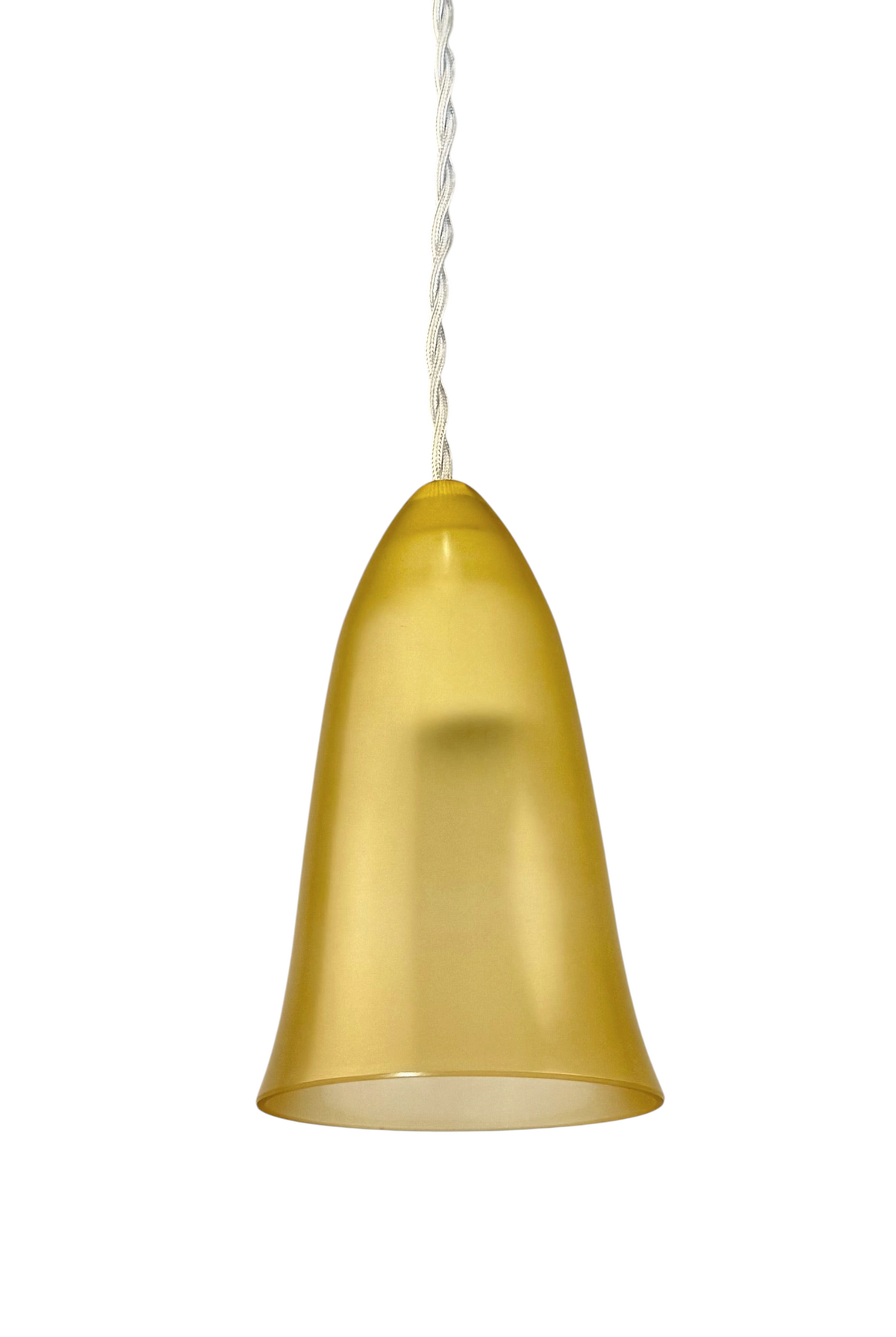 Modighus.se elegant fönsterlampa i gult genomskinligt glas från 1980-talet med vit tvinnad textilkabel