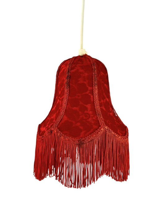 Modighus.se röd vintage fönsterlampa i textil med fransar från 1970-talet