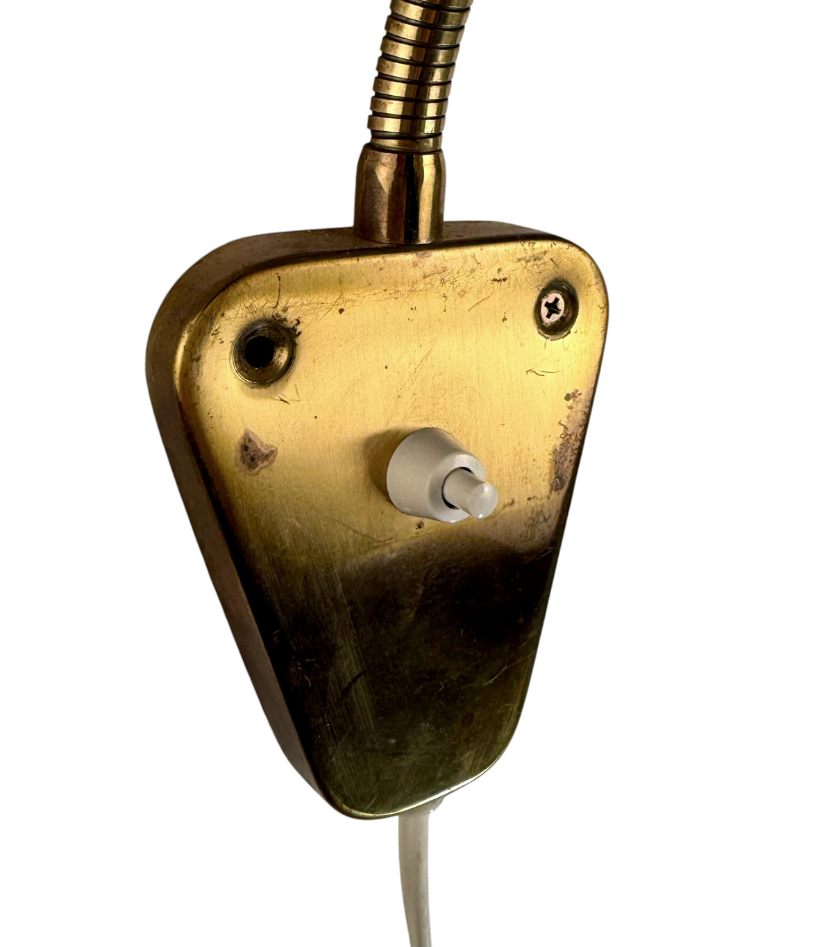 Modighus.se retro vägglampa i mässing med vit strömbrytare och böjbar arm från 1950-talet