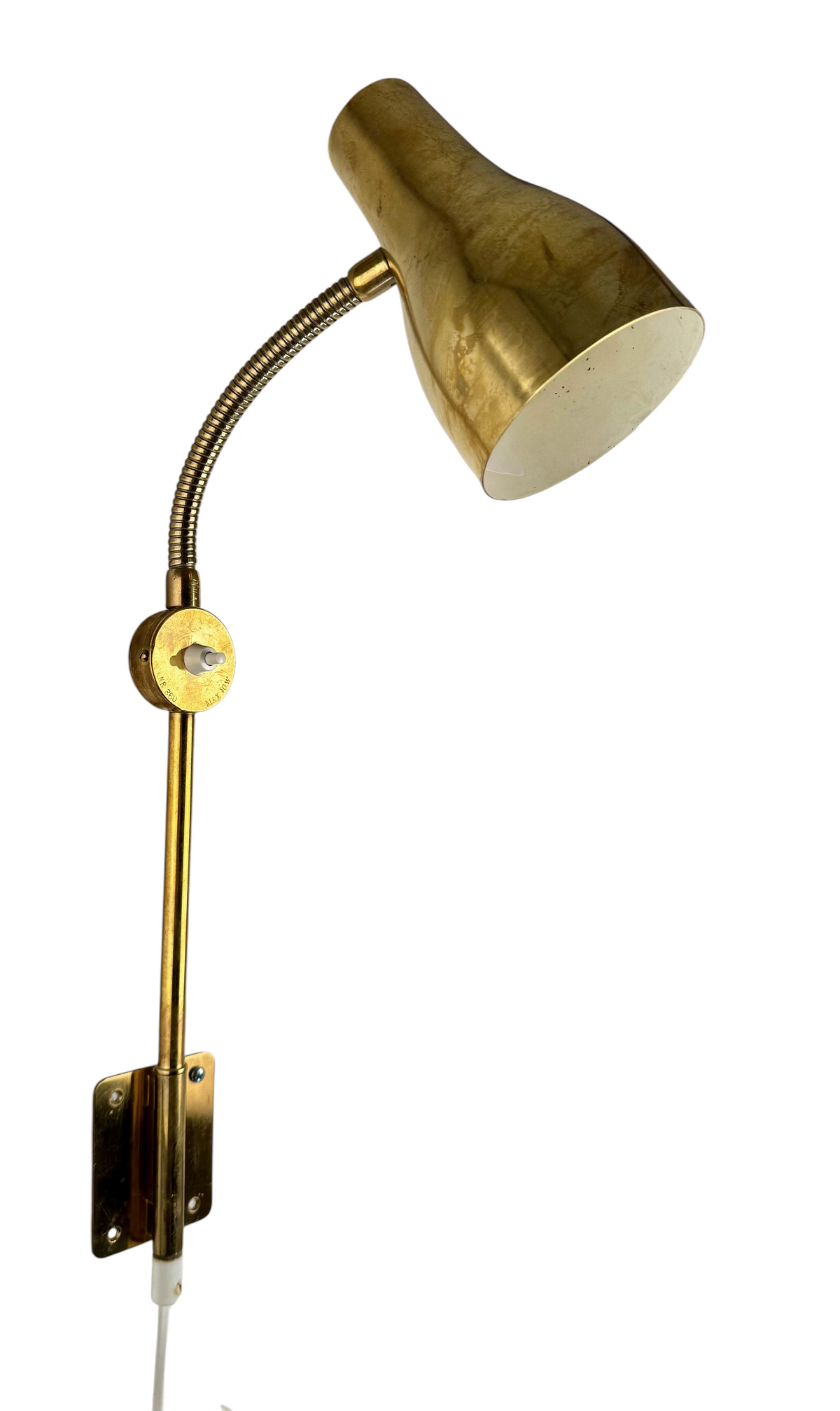 Modighus.se vägglampa från Pagos i mässing med böjbar led, 1950-tals vintage design.