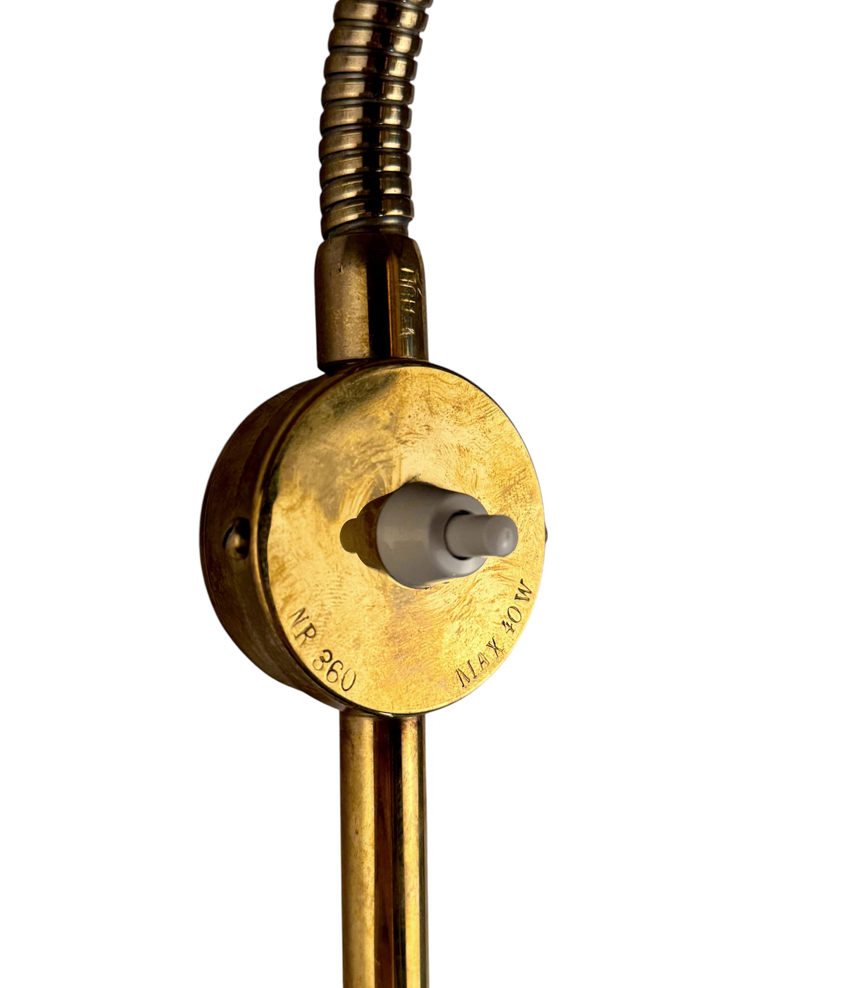 Modighus.se vintage mässingslampa från Pagos med detaljbild på strömbrytare och flexibel arm
