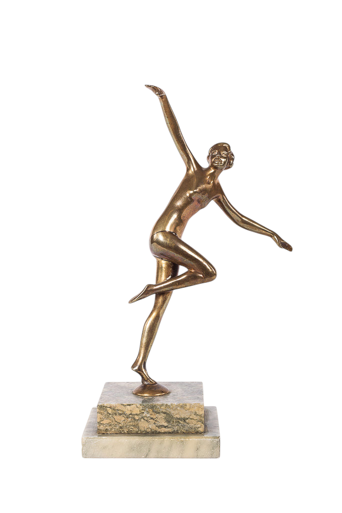 Art Deco-statyett föreställande en dam, i mässing på fot av stenmaterial, märkt Dansk Kunst.