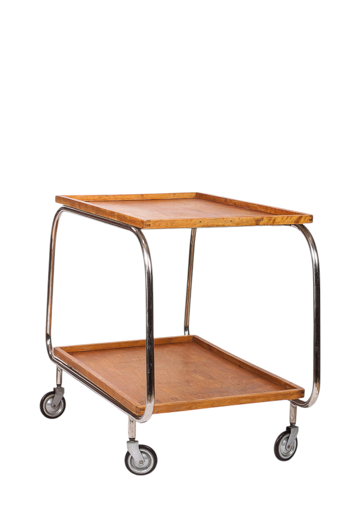 Drinkvagn i trä med funkisstil och två hyllplan. Vintage bartrolley.