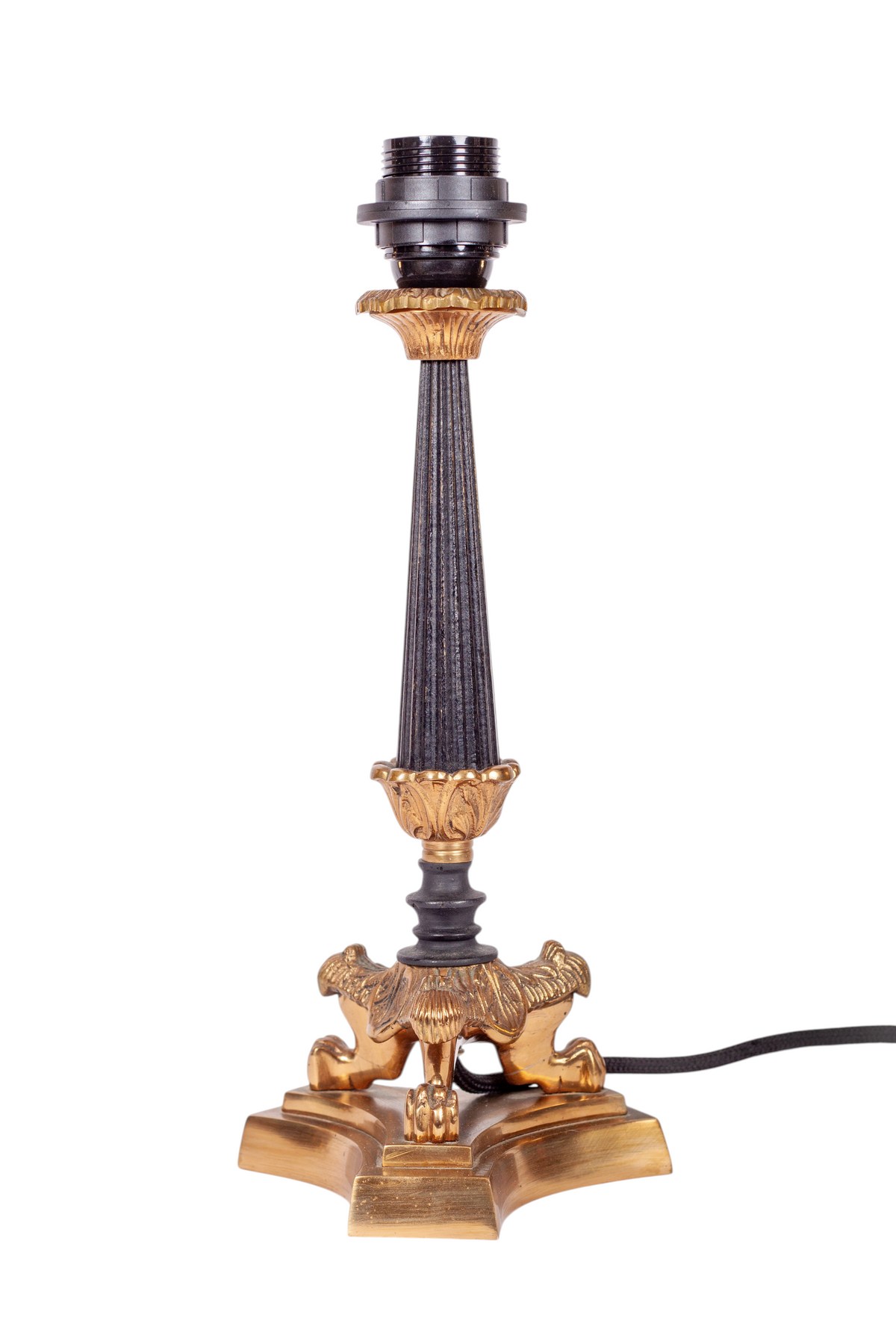 Vacker och detaljrik lampfot i empirestil, mässing och svart, hög kvalitet, 1940-tal