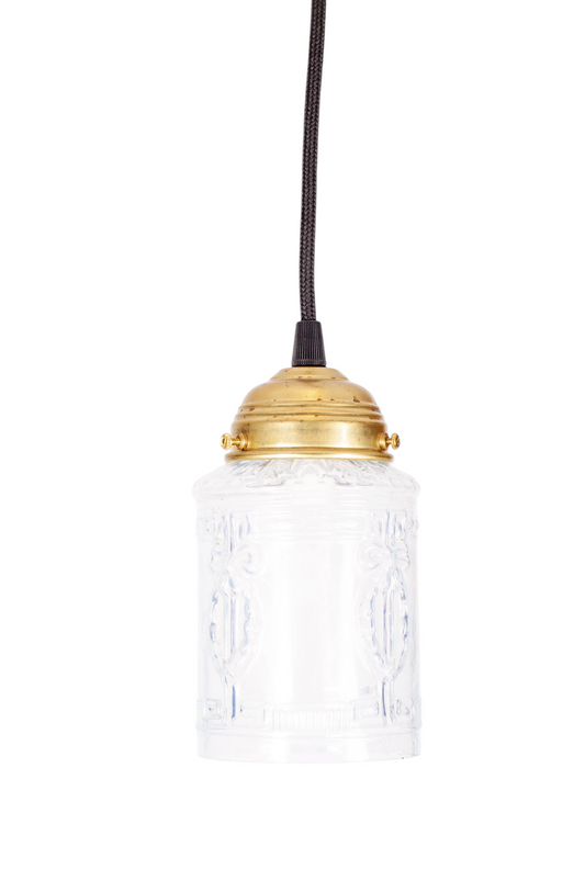 Fönsterlampa i mjölkvitt pressat glas med mässingsfäste och svart rund textilkabel, 1930-tal