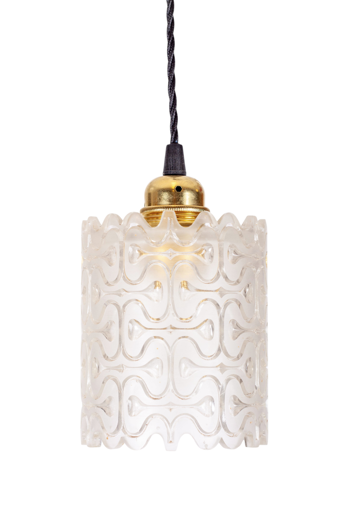 Mönstrad fönsterlampa i glas med lampsockel i mässing och svart tvinnad textilkabel, 1960-tal