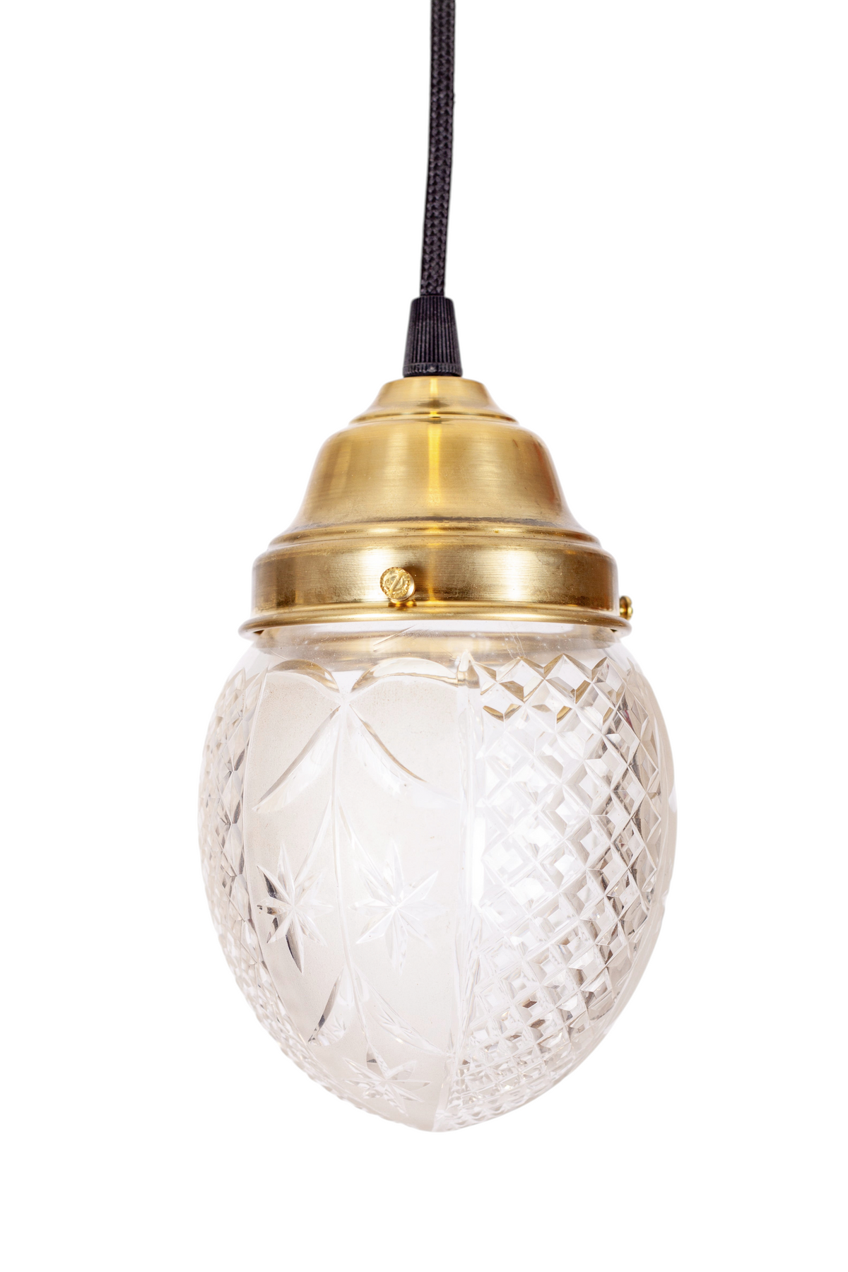 Liten elegant fönster- och taklampa i slipat klarglas med mässingsfäste och svart rund textilkabel, 1920-tal,