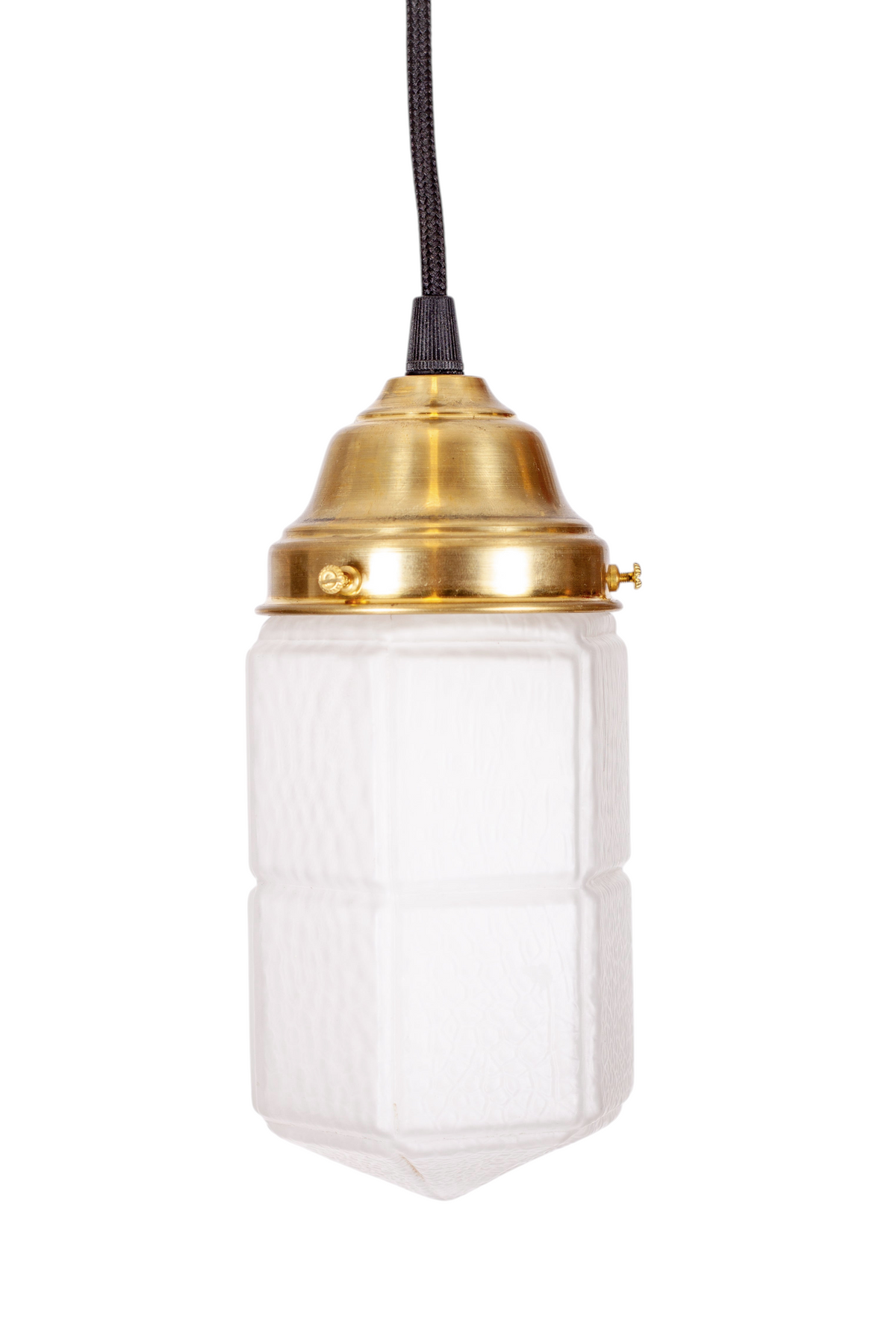 Jugendstil fönsterlampa med frostad glaskupa, mässingsfäste och svart rund textilkabel