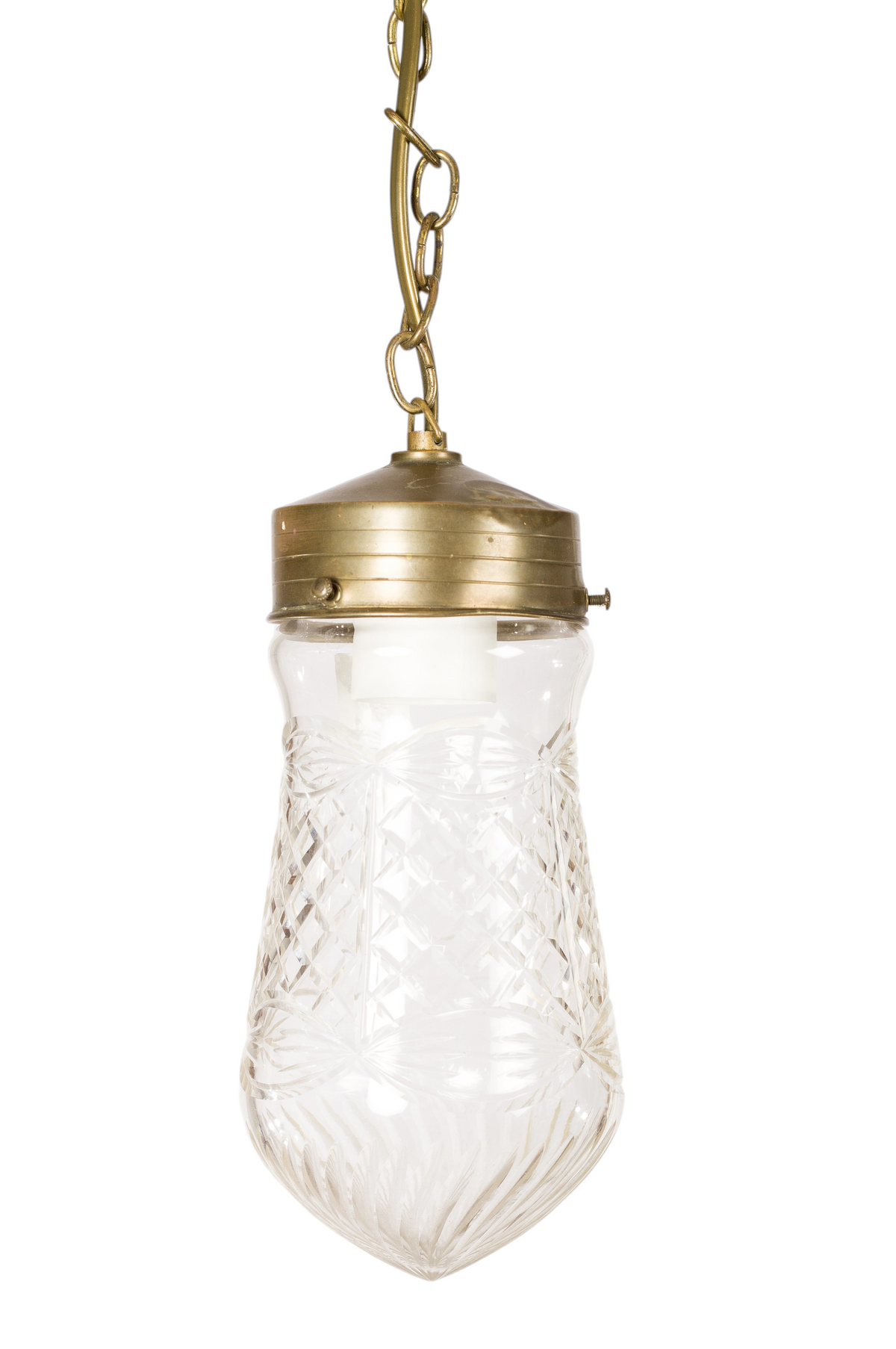 Fönsterlampa i slipad klarglas med mässingsfäste och kedja, jugendstil