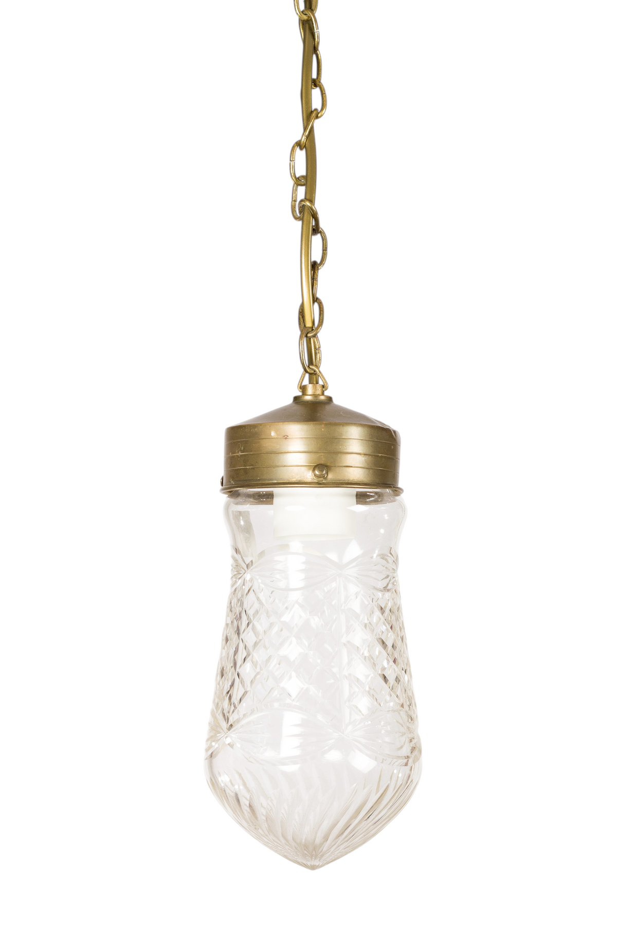 Fönsterlampa i slipad klarglas med mässingsfäste och kedja, jugendstil