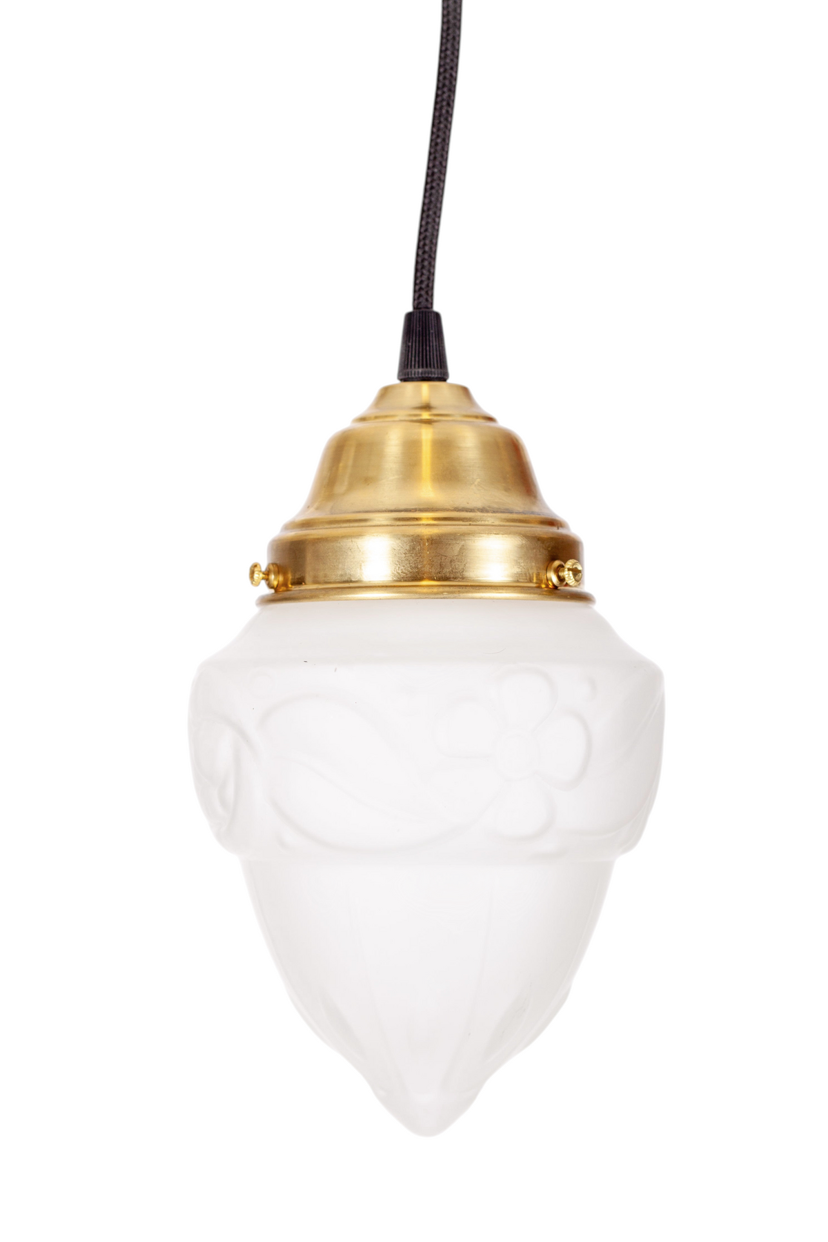 Jugendstil taklampa i frostat mönstrat glas med blomstermotiv och mässingsfäste, 1920-tal