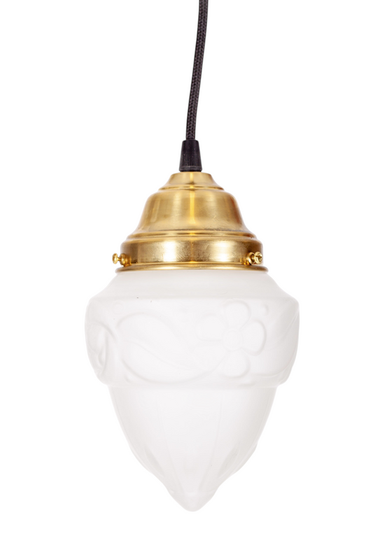 Jugendstil taklampa i frostat mönstrat glas med blomstermotiv och mässingsfäste, 1920-tal