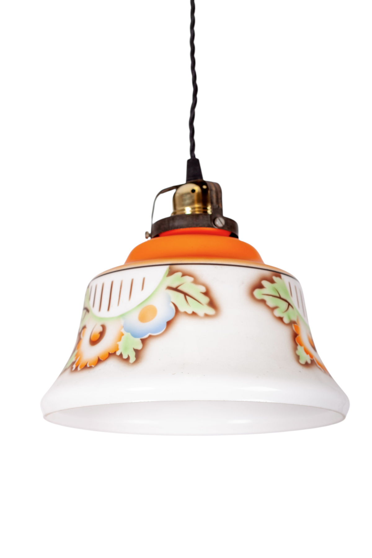 Kökslampa i vitt och orange målat glas med mässingsfäste och E14-sockel, svart tvinnad textilkabel, 1920-tal