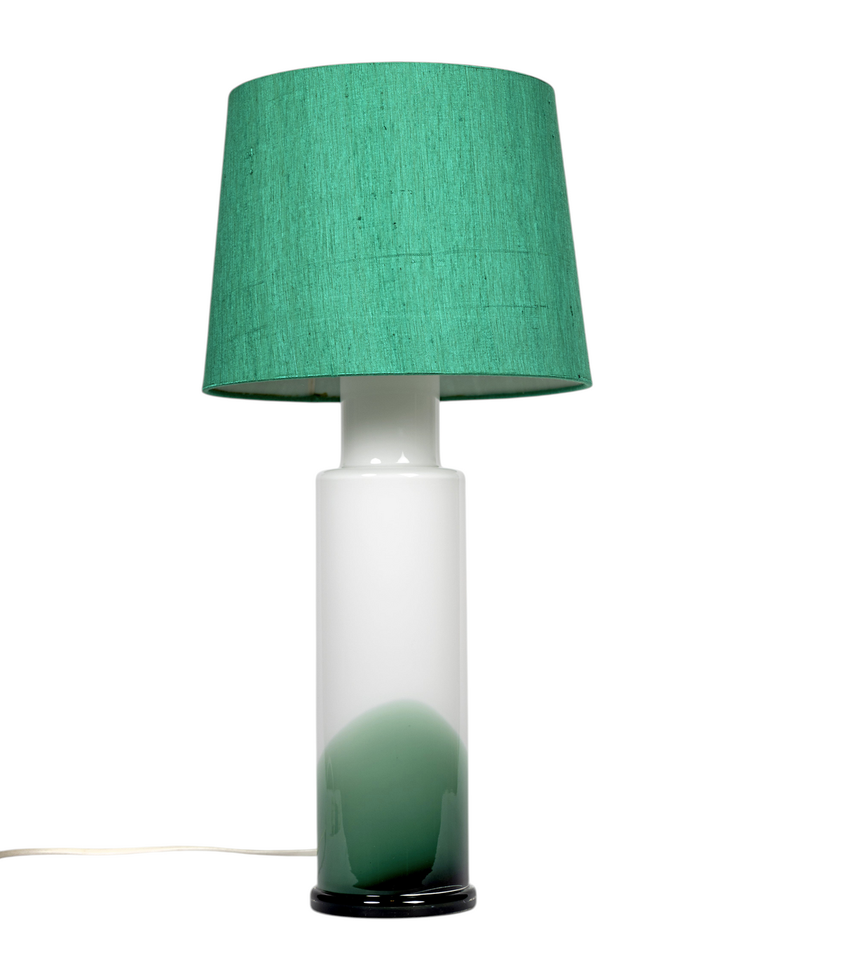 Bordslampa i grönt och vitt glas, cylindrisk form, Luxus Vittsjö, 60 till 70-tal