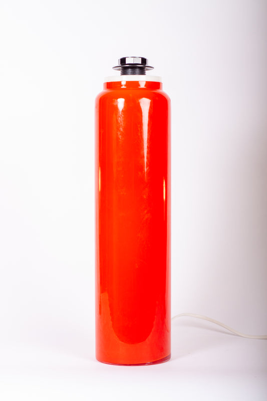 Stor retro lampfot i orangerött glas från Luxus i Vittsjö, design Uno och Östen Kristiansson, 1960–1970-tal
