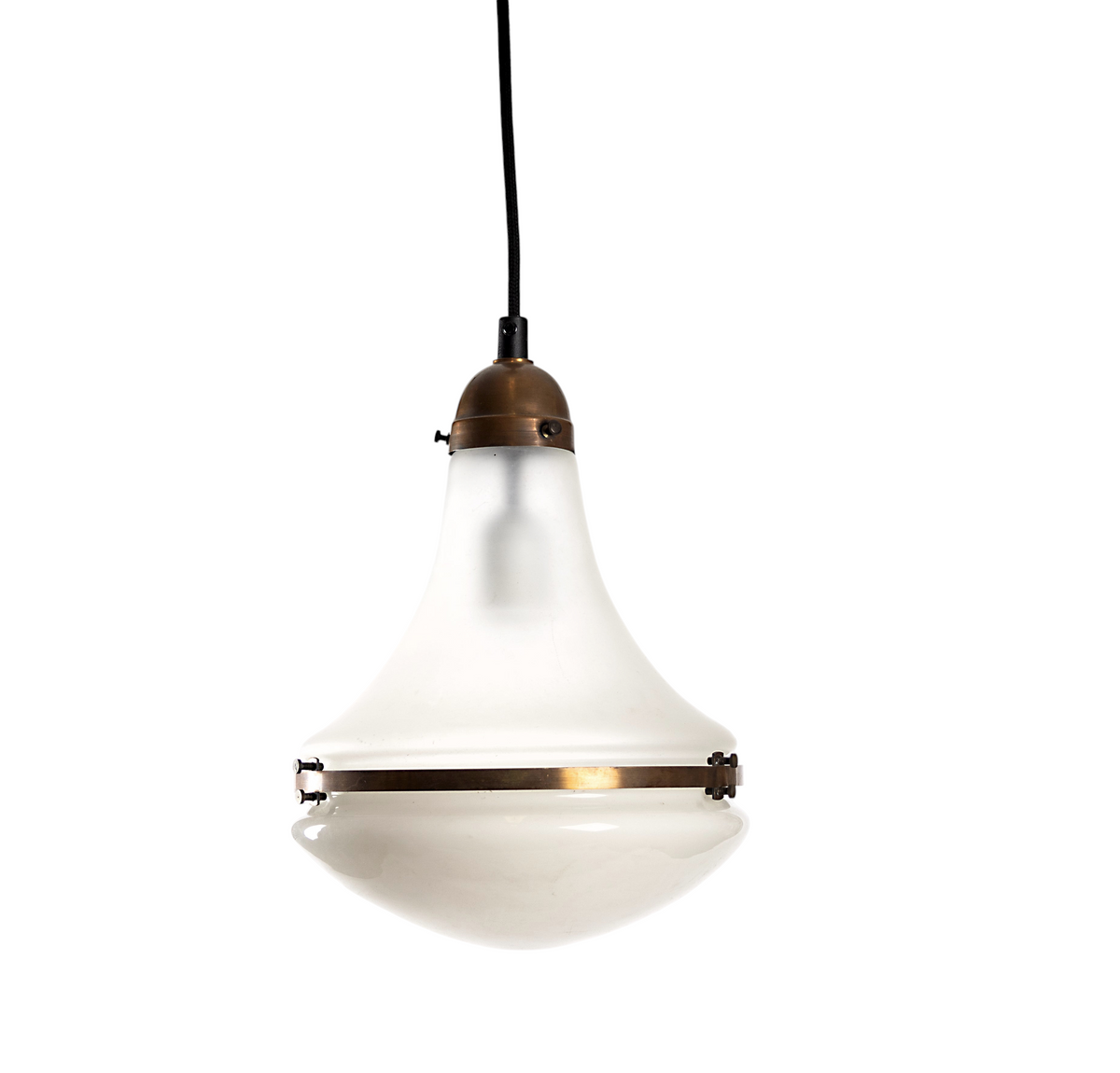 Taklampa i industristil, modell Luzette, i vitt frostat glas med kopparfäste och svart rund textilkabel, 1930-tal