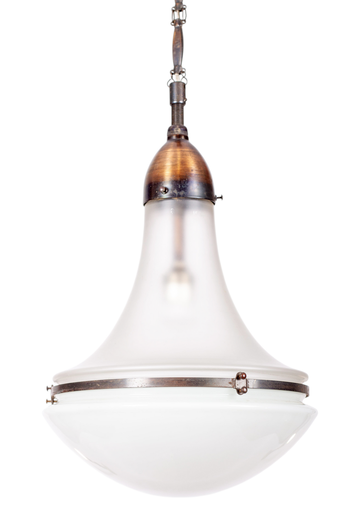 Stor Luzette-lampa i glas och koppar, tillskriven Peter Behrens för Siemens-Schuckert, 1920-tal