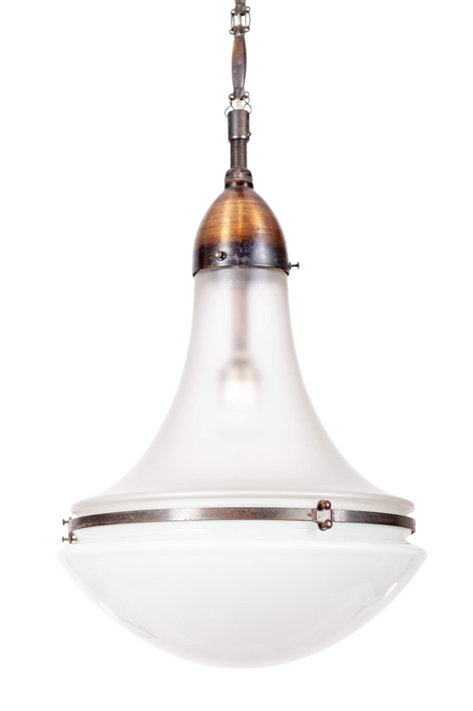 Stor Luzette-lampa i glas och koppar, tillskriven Peter Behrens för Siemens-Schuckert, 1920-tal