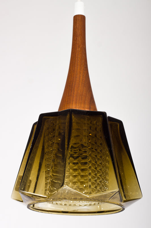Fönsterlampa i gröntonat glas med innerkupa i klart pressglas och teakfäste, Orrefors, Carl Fagerlund
