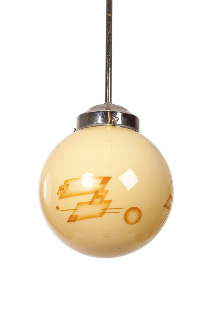 Ljusbrun pendelkupa med brun Art Deco-dekor. Pendel i nickel eller mässing.