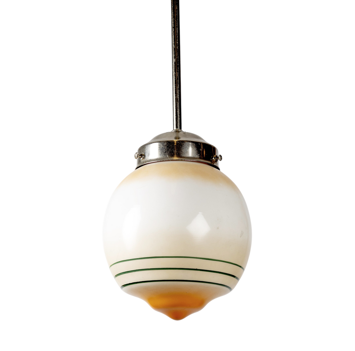 Dekorativ pendellampa med glaskupa i vitt, orange och grönt, metallpendel, 1940-tal