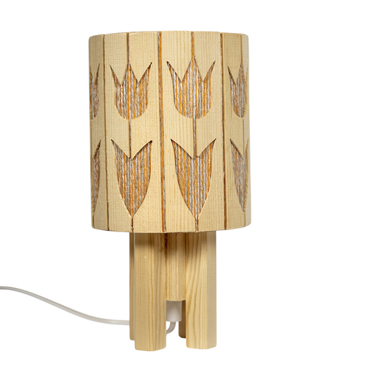 Retro bordslampa i furu och textil, cylindrisk form