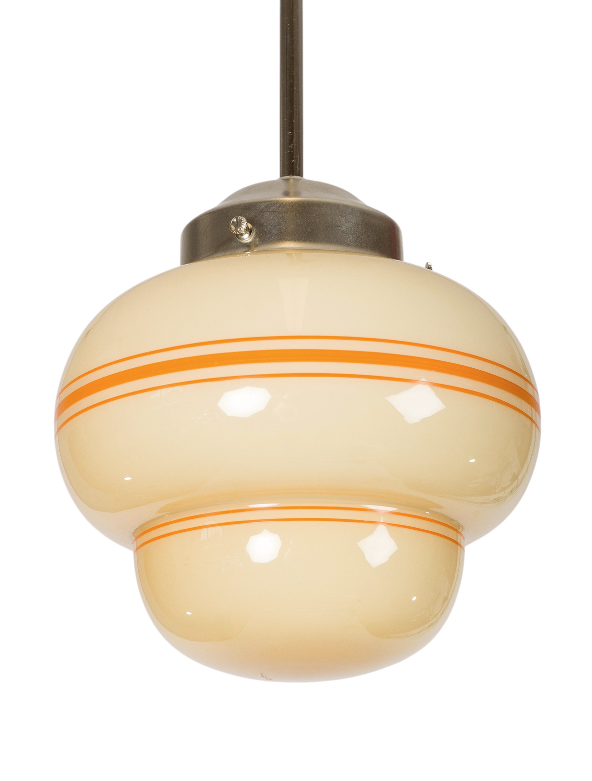 Retro glaskupa i kräm och gult med dekorränder i orange