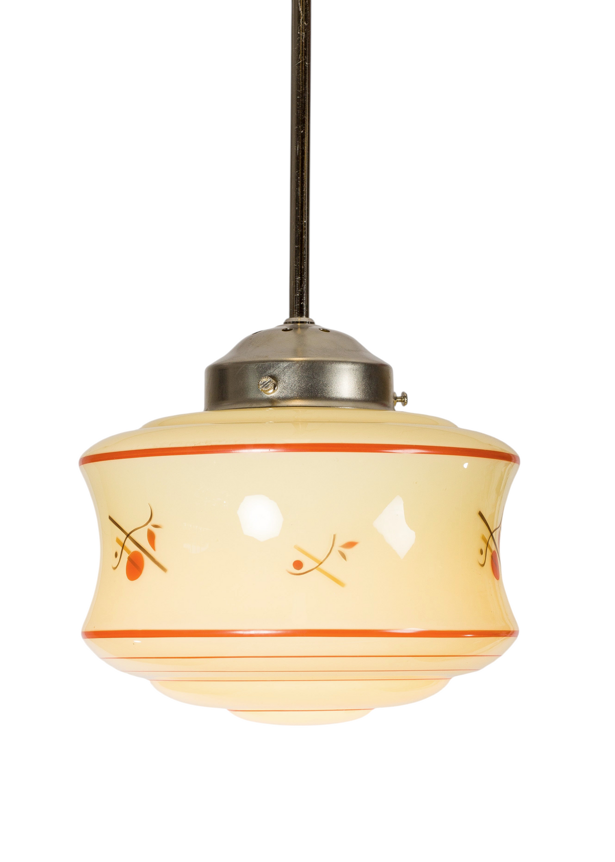 Retro lampkupa i gult glas med röda dekorränder och motiv