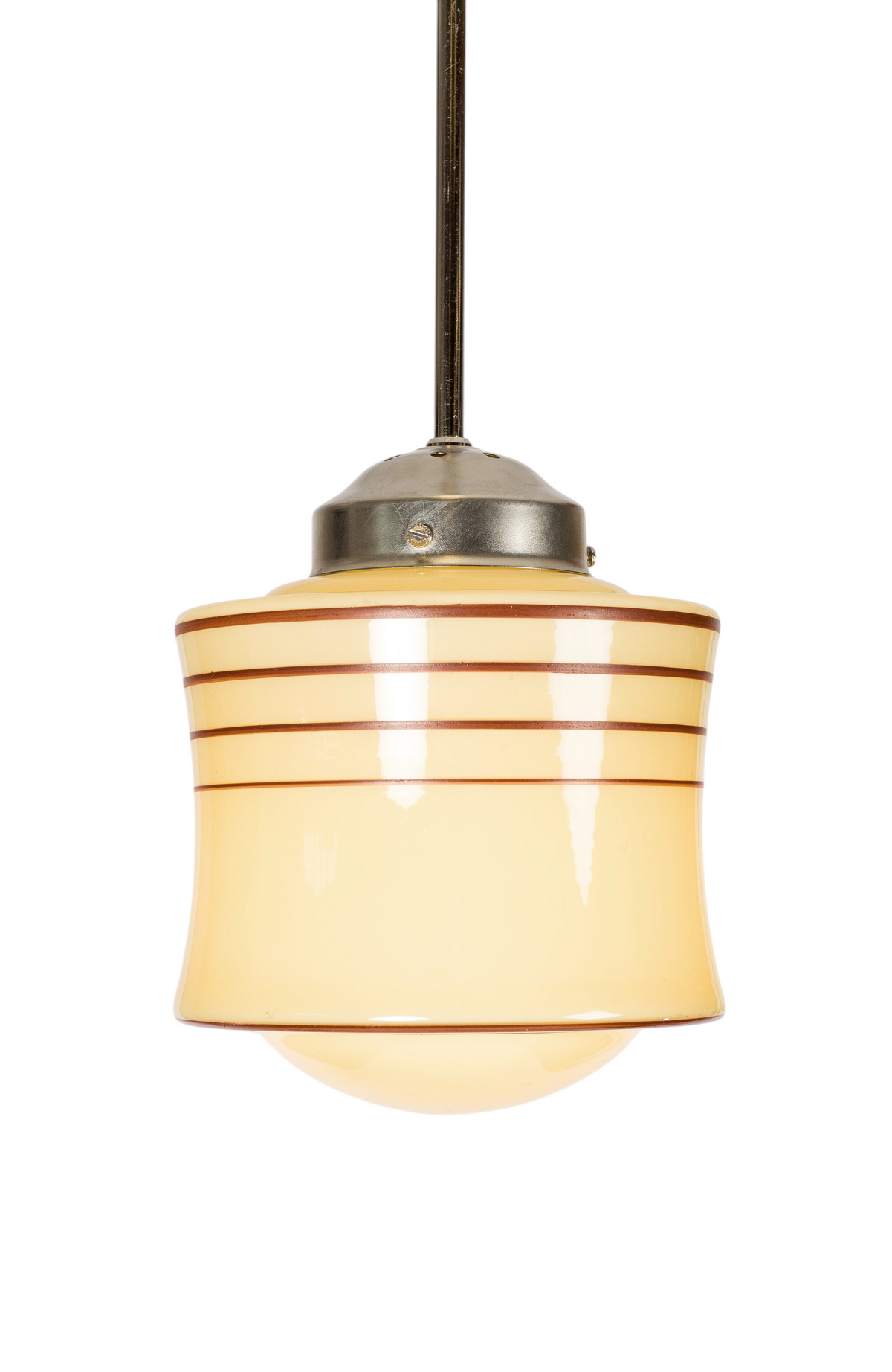 Retro lampkupa i kräm och gult glas med röda dekorränder. Pendel i nickel eller mässing